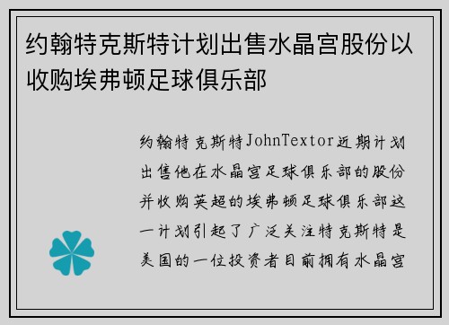 约翰特克斯特计划出售水晶宫股份以收购埃弗顿足球俱乐部